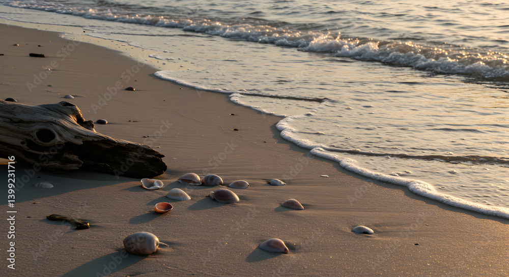 Obraz premium Sunlit Seashore: Weathered Driftwood & Seashells at Golden Hour