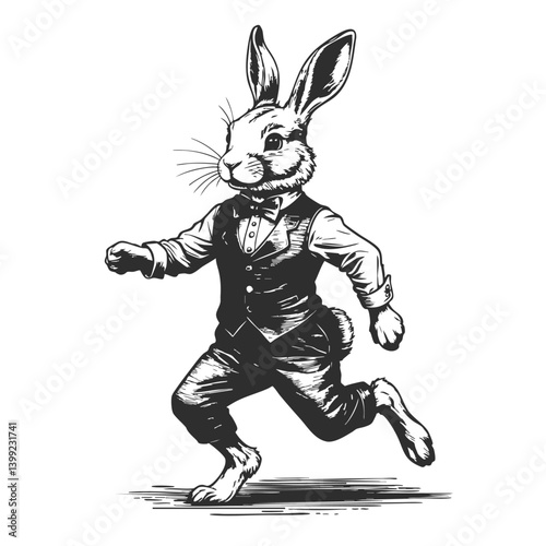 Rabbit in a stylish outfit, dashing and playful, ideal for greeting cards, childrens books, or Easterthemed designs. Whimsical and charming. Imitation of scratchboard engraving.