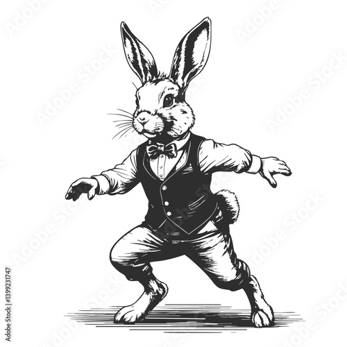 Rabbit in a stylish outfit, dashing and playful, ideal for greeting cards, childrens books, or Easterthemed designs. Whimsical and charming. Imitation of scratchboard engraving.