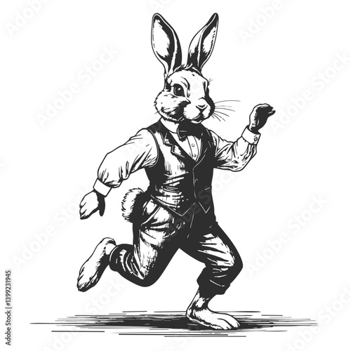 Rabbit in a stylish outfit, dashing and playful, ideal for greeting cards, childrens books, or Easterthemed designs. Whimsical and charming. Imitation of scratchboard engraving.
