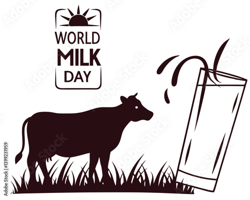 Black and White World Milk Day Graphic with Cow and Milk Glass.