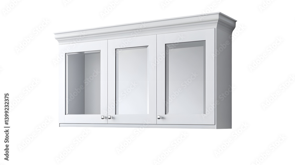 Obraz premium Modern white kitchen cabinet with three glass-fronted doors, showcasing a minimalist design against a neutral backdrop