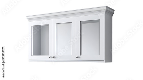 Modern white kitchen cabinet with three glass-fronted doors, showcasing a minimalist design against a neutral backdrop