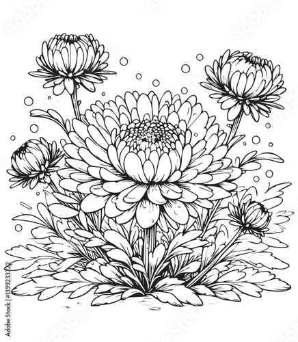 Coloring book aster flower in garden Detailed line art for coloring. Floral abundance with multiple blooms and leaves.