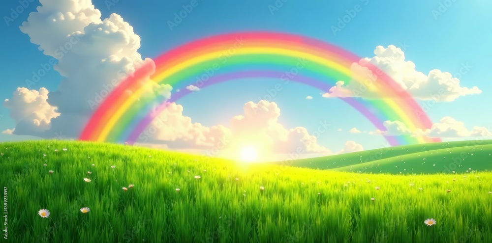 Vibrant rainbow over lush green field, perfect for summer designs, landscape, colorful, summer Vibrant rainbow over lush green field, perfect for summer designs, landscape, colorful, summer