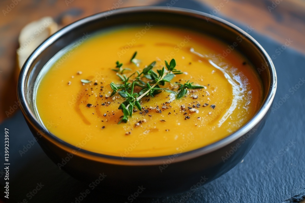 A bowl of vibrant orange pumpkin soup garnished with fresh thyme. A bowl of vibrant orange pumpkin soup garnished with fresh thyme.
