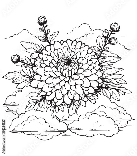 Coloring book aster flower in clouds Detailed line art for coloring. Floral dreamscape with floating blooms. Black and white nature scene