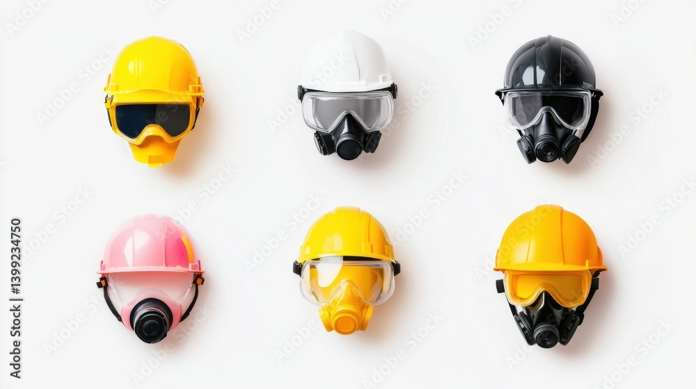 Colorful Safety Helmets and Protective Masks for Construction Sites