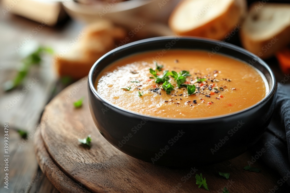 Close-up of a bowl of creamy, spiced lentil soup. Close-up of a bowl of creamy, spiced lentil soup.