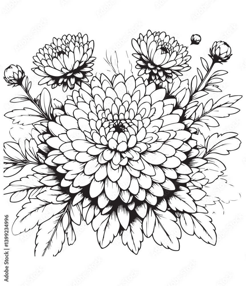 Fototapeta premium coloring book aster flower bouquet Detailed line art for coloring. Floral elegance with multiple blooms and leaves
