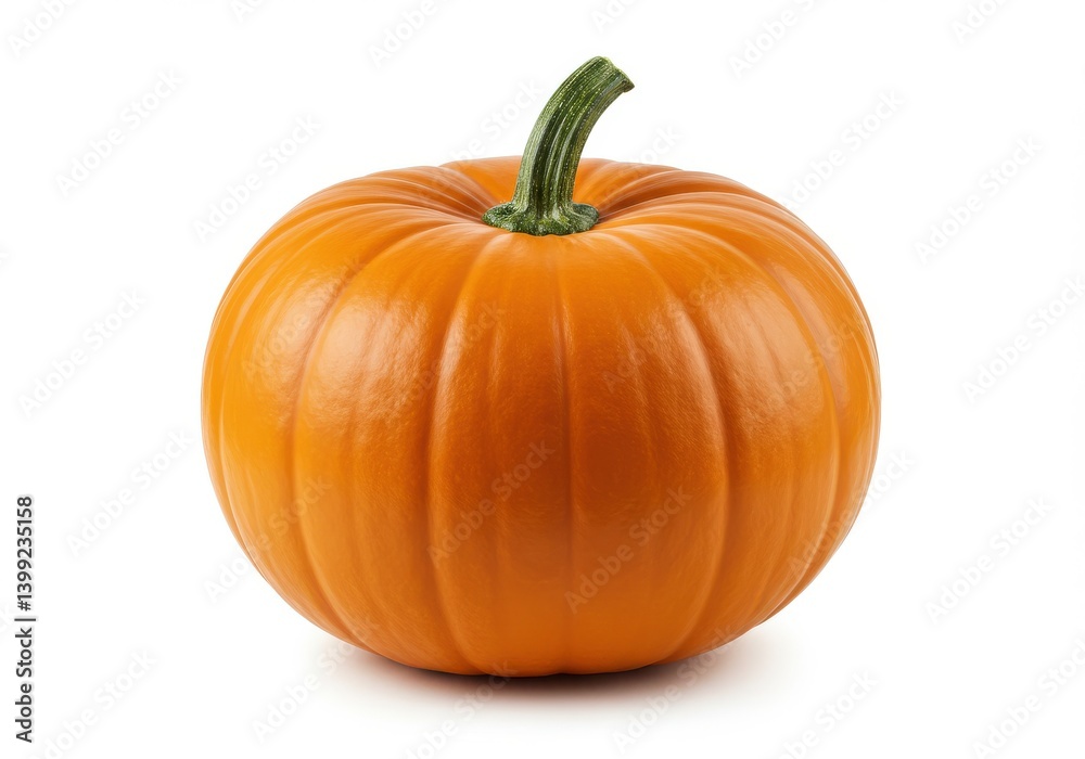 A single orange pumpkin with a green stem isolated against a white background in a studio shot A single orange pumpkin with a green stem isolated against a white background in a studio shot