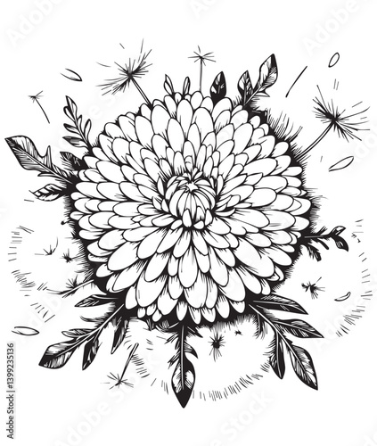 Coloring book aster flower and dandelion seeds Detailed line art for coloring. Floral burst with flying seeds. 