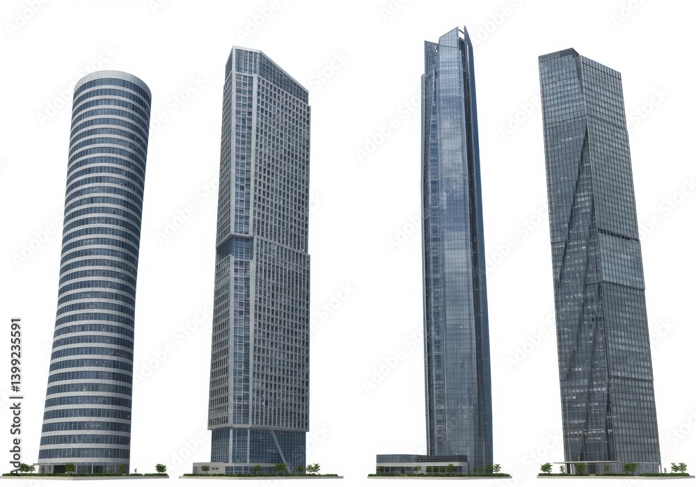Obraz premium Four modern skyscrapers of varying designs stand against a plain white background in a row formation