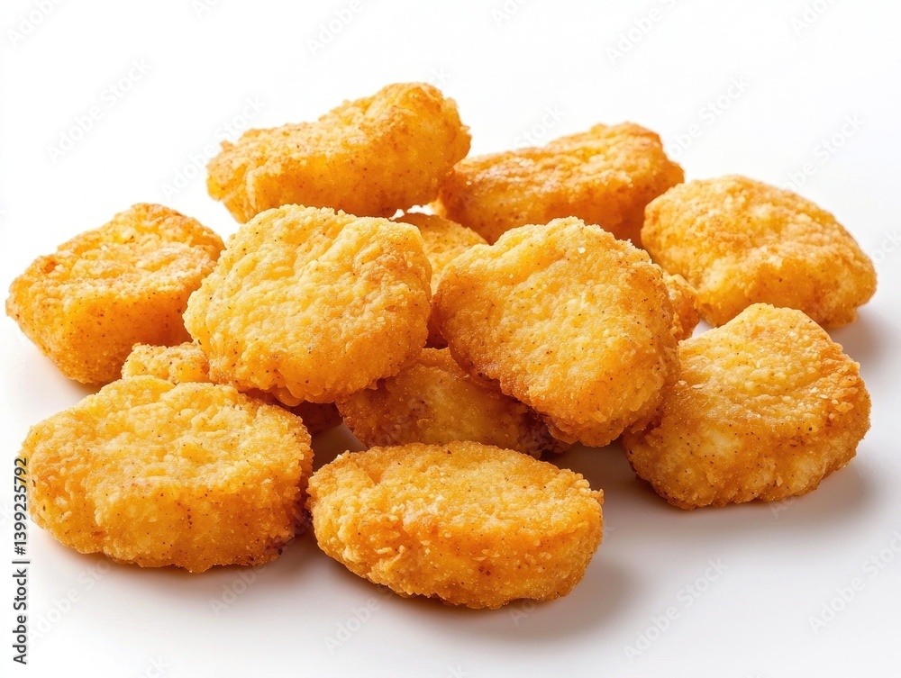 Crispy, golden-brown nuggets piled high. A tempting pile of bite-sized, breaded food items, perfect for a quick meal or snack Crispy, golden-brown nuggets piled high. A tempting pile of bite-sized, breaded food items, perfect for a quick meal or snack