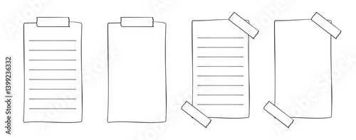 Hand drawn memo paper sheet, sticky note, reminder, to do list, sticky tape. Bullet journal elements in line art doodle style.