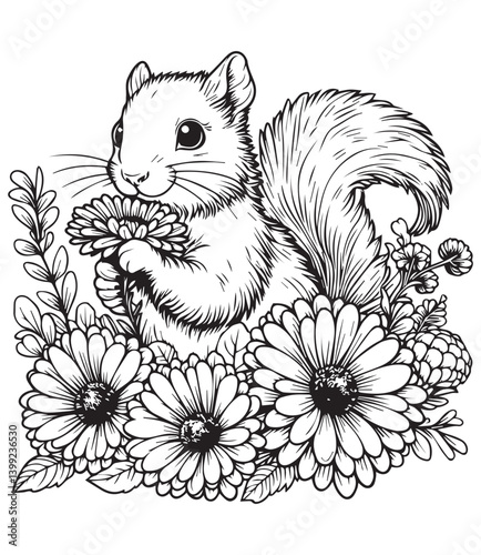 Coloring book Squirrel with aster flowers Detailed line art for coloring. Cute furry friend blooming 