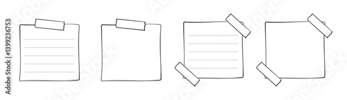 Hand drawn memo paper sheet, sticky note, reminder, to do list, sticky tape. Bullet journal elements in line art doodle style.