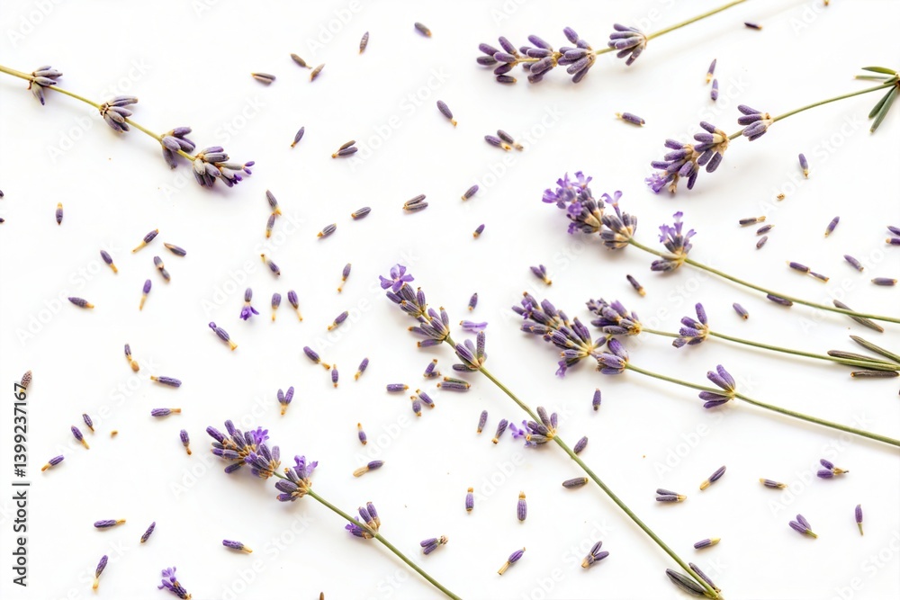 Lavender Flowers and Buds on White