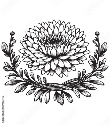 coloring book aster flower in wreath Detailed line art for coloring. Floral elegance framed by a leafy wreath. 