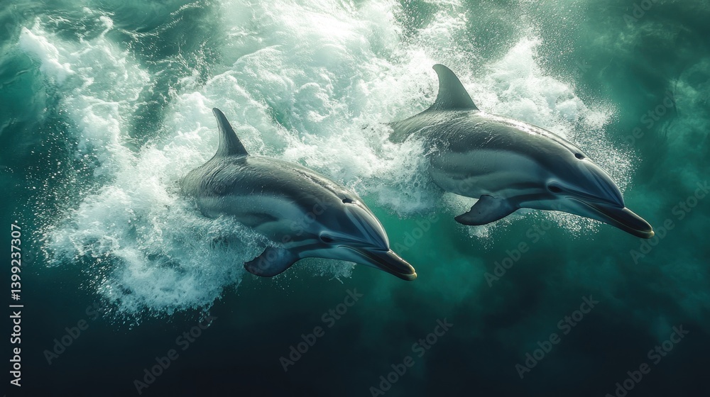 Obraz premium Oceanic Duo: Dolphins Leaping Through Waves