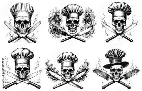 chef's skull wearing tall hat, crossed two knife with fire and smoke, black vector illustration isolated on white background
