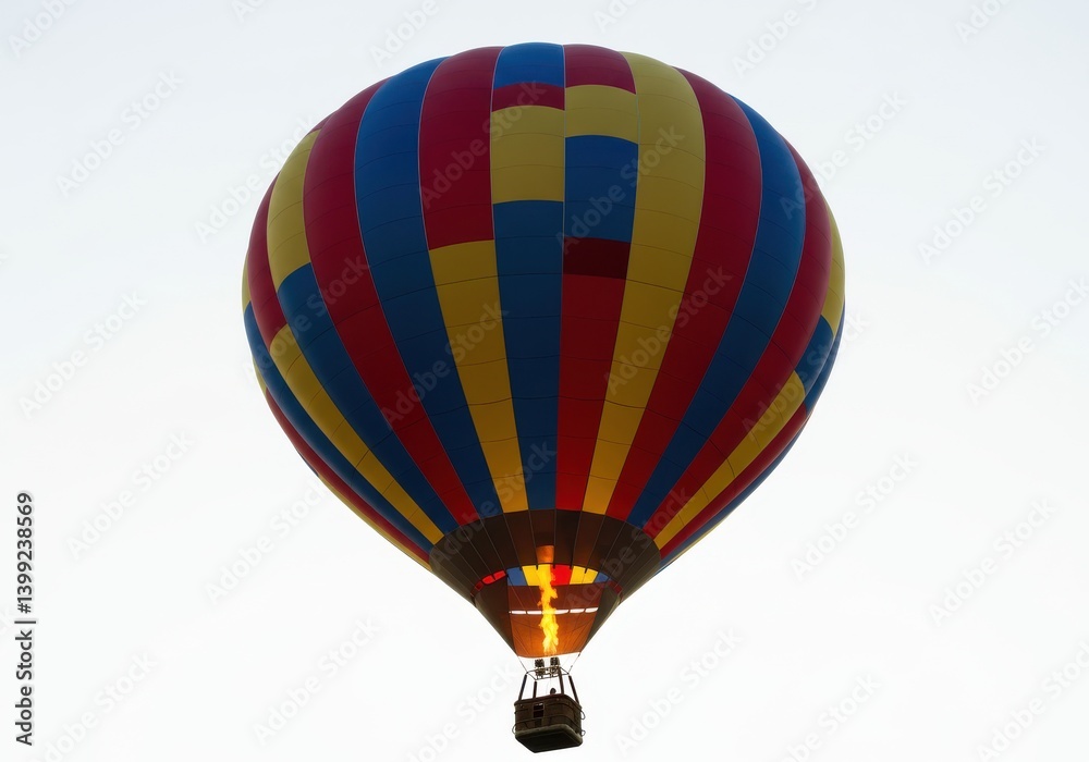 Fototapeta premium A colorful hot air balloon with a flame against a bright white sky during the daytime hours seen up close