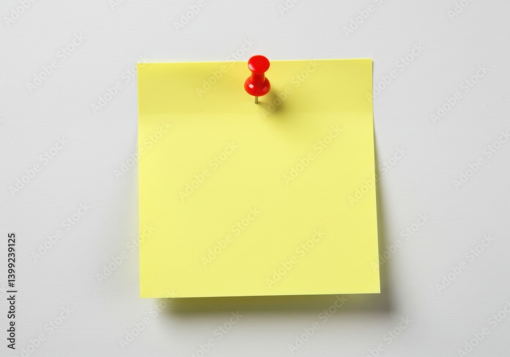 A yellow sticky note attached to a white wall with a red push pin in the center of the paper note A yellow sticky note attached to a white wall with a red push pin in the center of the paper note
