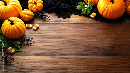 Pumpkins and candy corn displayed on a wood surface with decorative spiders for Halloween celebration photo