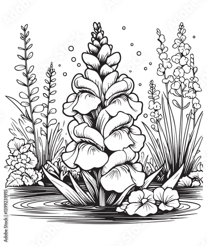 Coloring book Snapdragons by water Detailed line art for coloring. Tall floral spires in a watery garden setting.