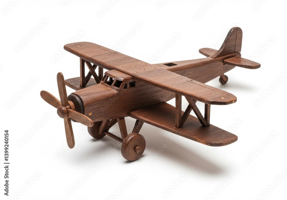 A wooden toy biplane with a propeller and two sets of wings on a white surface close up view A wooden toy biplane with a propeller and two sets of wings on a white surface close up view