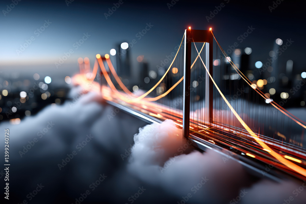 Obraz premium A glowing suspension bridge illuminated at night, surrounded by clouds, with city skyline in background