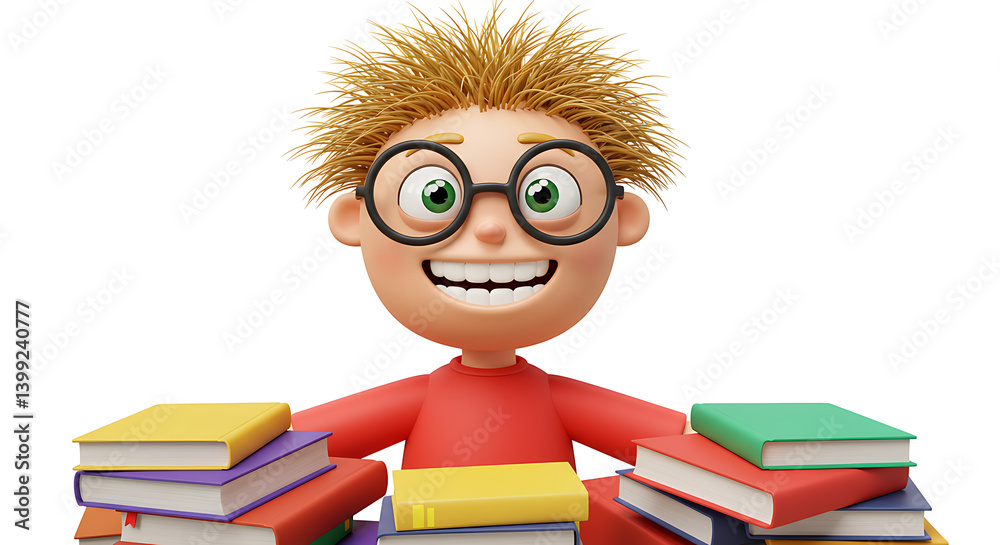 Cartoon boy smiles between stacks of books. He is wearing glasses and a red shirt. The background is white and plain for easy use. Cartoon boy smiles between stacks of books. He is wearing glasses and a red shirt. The background is white and plain for easy use.