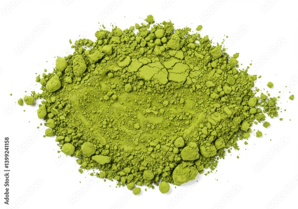 Obraz premium A top view of a pile of vibrant green matcha powder against a stark white background surface evenly lit