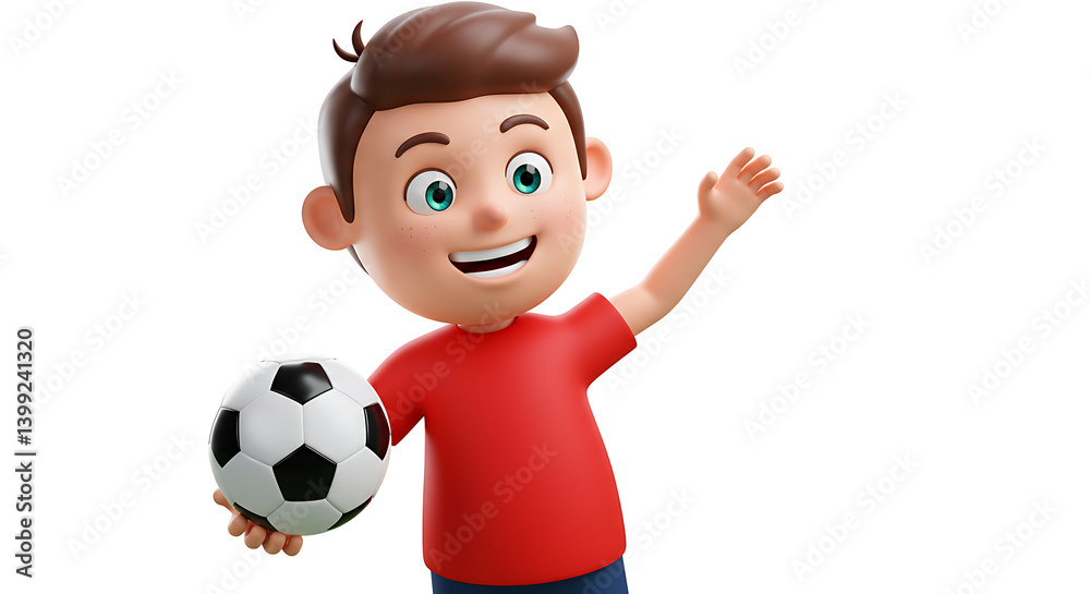 Cartoon boy with soccer ball, waving cheerfully on a plain background. Happy, playful, ready for fun and games. Friendly kid animation. Cartoon boy with soccer ball, waving cheerfully on a plain background. Happy, playful, ready for fun and games. Friendly kid animation.