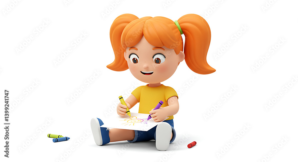 A young, orange-haired girl smiles contentedly as she draws a sunny picture with colorful crayons, showcasing her imagination and creativity. A young, orange-haired girl smiles contentedly as she draws a sunny picture with colorful crayons, showcasing her imagination and creativity.