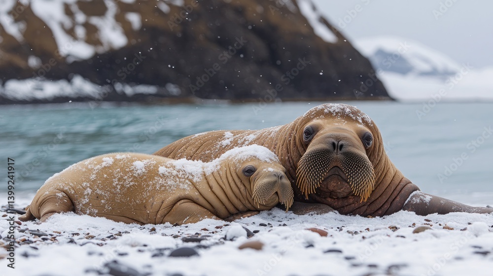 Naklejka premium Arctic Walrus Duo: Mother and Calf Resting in Snowy Landscape