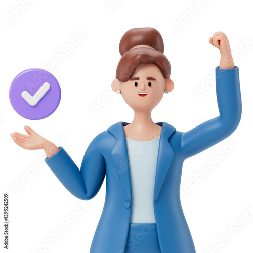 woman presenting a checkmark, symbolizing approval or correctness. 3D rendering, conceptual image. Isolated on white background.