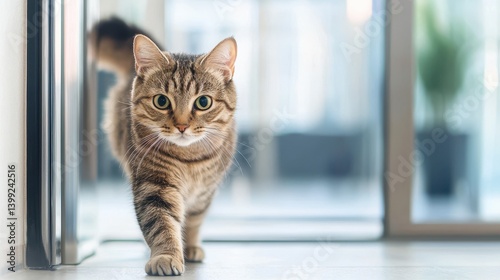 Adorable tabby cat walking toward the camera in a modern bright indoor environment with blurred background