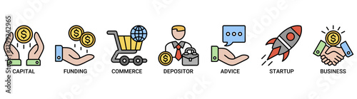 Angel investor icon set. Containing icon of capital, funding, commerce, depositor, advice, startup and business icons. Outline color vector symbol background.