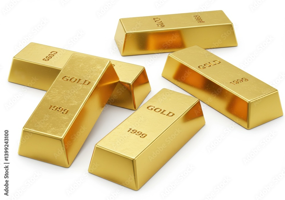 A collection of several shiny gold bars with the word gold and the year stamped on them on a white background A collection of several shiny gold bars with the word gold and the year stamped on them on a white background