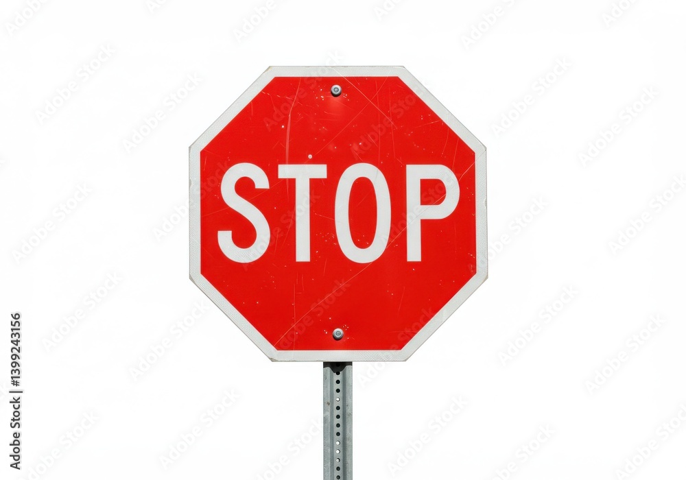 A vibrant red stop sign with clear white lettering mounted on a metal pole against a white background A vibrant red stop sign with clear white lettering mounted on a metal pole against a white background