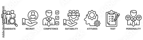 Assessment center icon set. Containing icon of user candidate, recruit, competence, suitability, aptitudes, test and personality icons. Outline vector symbol background.