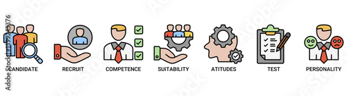 Assessment center icon set. Containing icon of user candidate, recruit, competence, suitability, aptitudes, test and personality icons. Outline color vector symbol background.