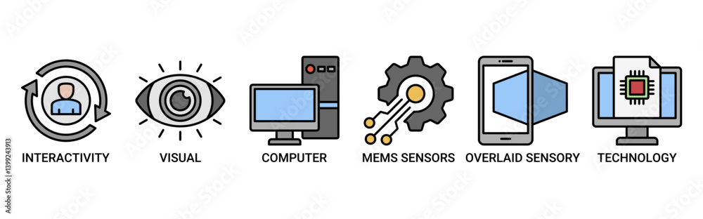 Augmented reality icon set. Containing icon of interactivity, visual, computer, mems sensors, overlaid sensory and technology icons. Outline color vector symbol background. Augmented reality icon set. Containing icon of interactivity, visual, computer, mems sensors, overlaid sensory and technology icons. Outline color vector symbol background.