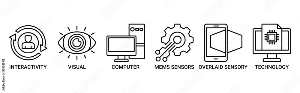 Augmented reality icon set. Containing icon of interactivity, visual, computer, mems sensors, overlaid sensory and technology icons. Outline vector symbol background. Augmented reality icon set. Containing icon of interactivity, visual, computer, mems sensors, overlaid sensory and technology icons. Outline vector symbol background.