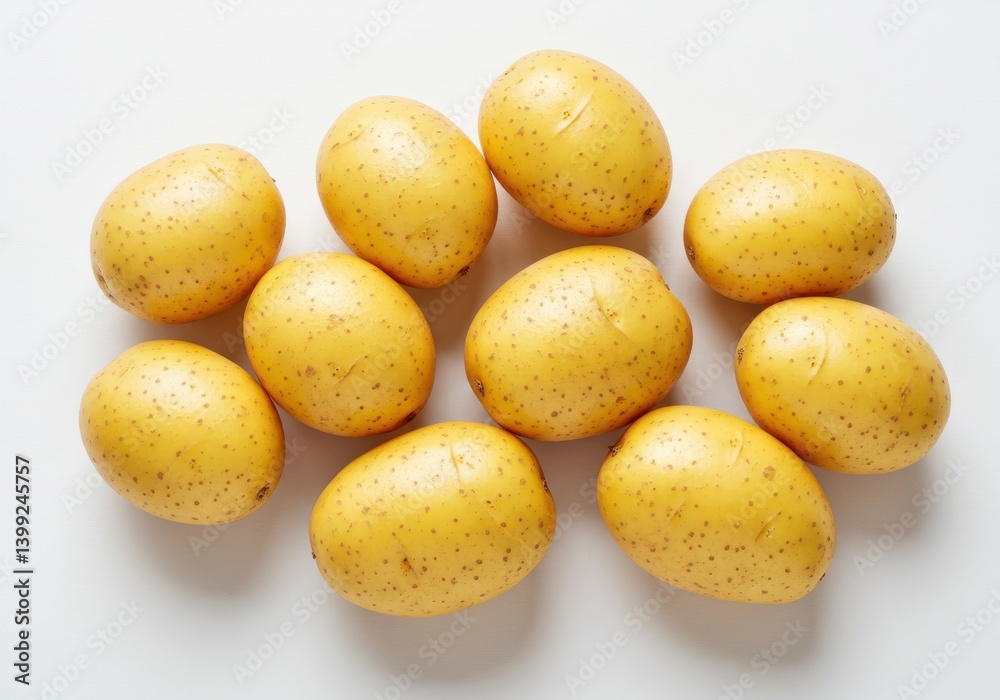 A top down shot of an arrangement of ten yukon gold potatoes on a white surface in a studio light A top down shot of an arrangement of ten yukon gold potatoes on a white surface in a studio light