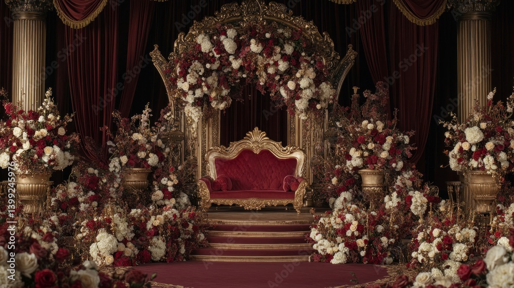 Obraz premium A Luxurious Stage Decorated with Flowers and Elegant Red Fabrics