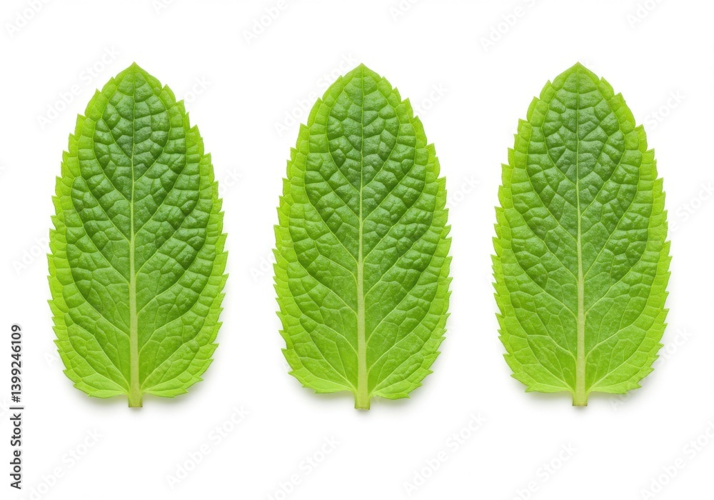 Three vibrant green mint leaves arranged in a row on a bright white background creating a simple pattern