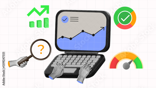 halftone collage, Data analytics showing laptop with charts, growth metrics, performance indicators, hand gesture and insights