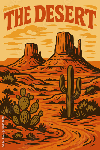 Desert Landscape Artwork with Cacti and Sandstone Mountains Illustration